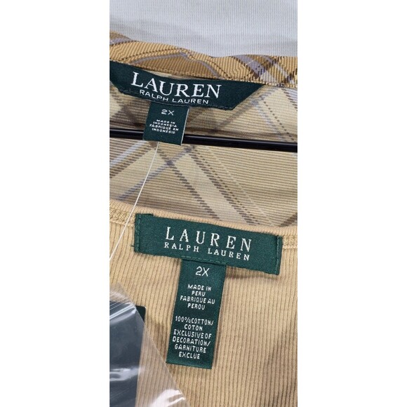 Ralph Lauren Womens Wrap Top Brown Plaid 2 Piece Set Beige Tank Plus Size 2X - Picture 3 of 13